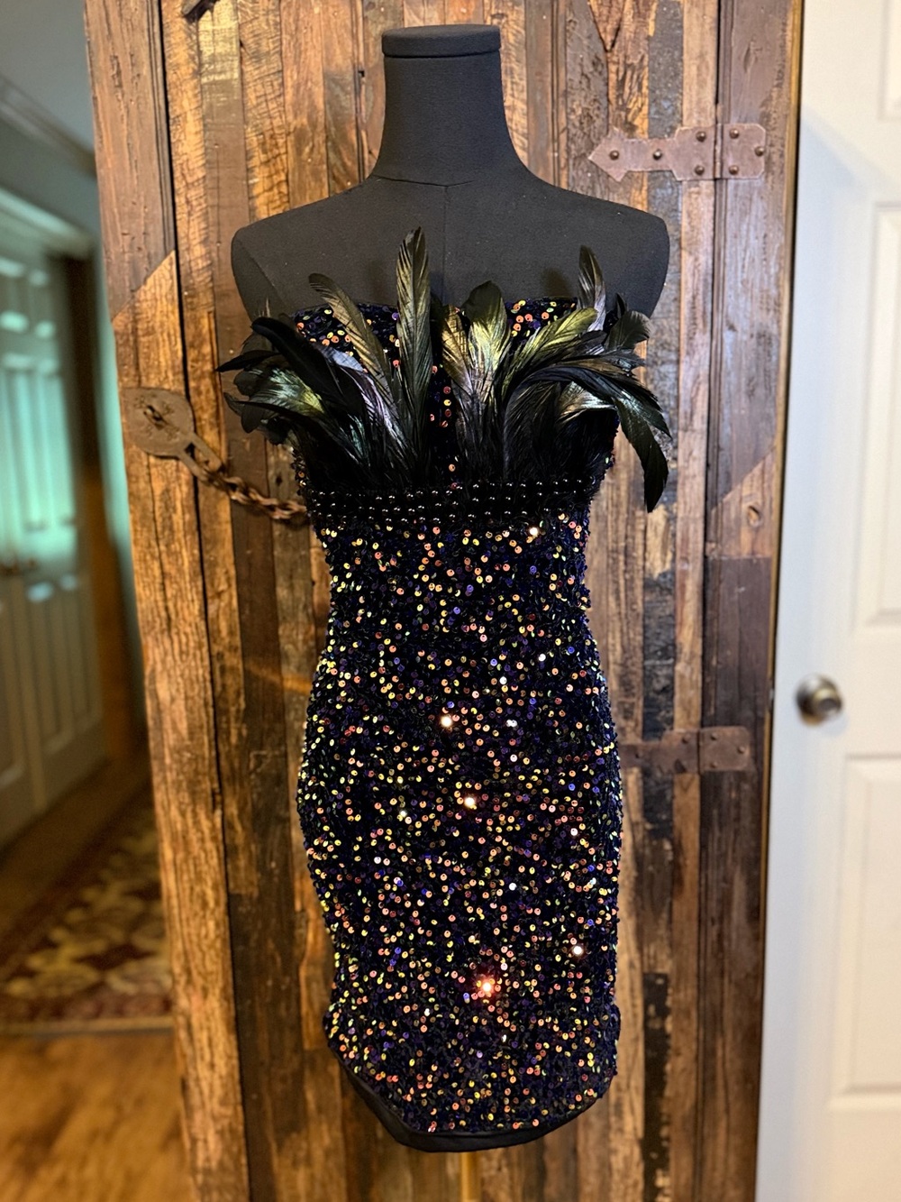 Black Sequin Feather Mini Dress L Strapless Iridescent Party mcbling showgirl